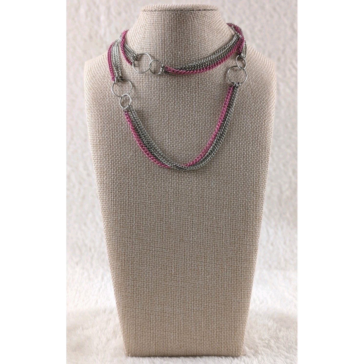 Silver Tone Pink Chain Scarf Necklace Layered Draped Statement